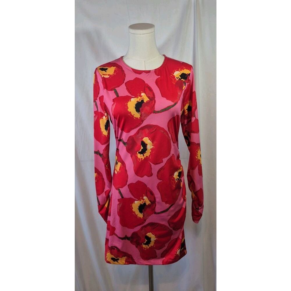 Carolina Herrera Red Floral Long Sleeve Mini Dress Small - Picture 2 of 10